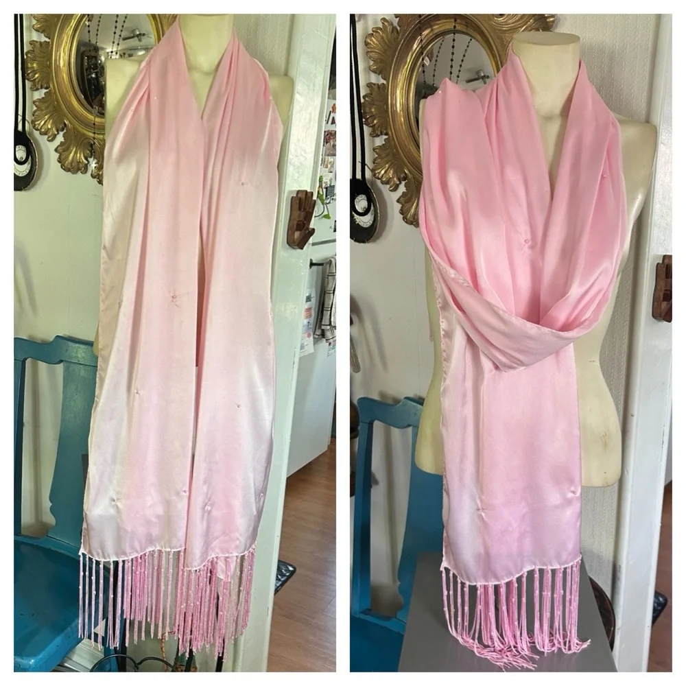 Long Pink Scarf w Pearl Accents and Fringe